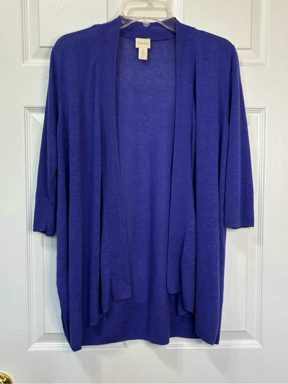 Chico's Linen Blend Open Front Cardigan Womens Large Purple Side Slit Layering